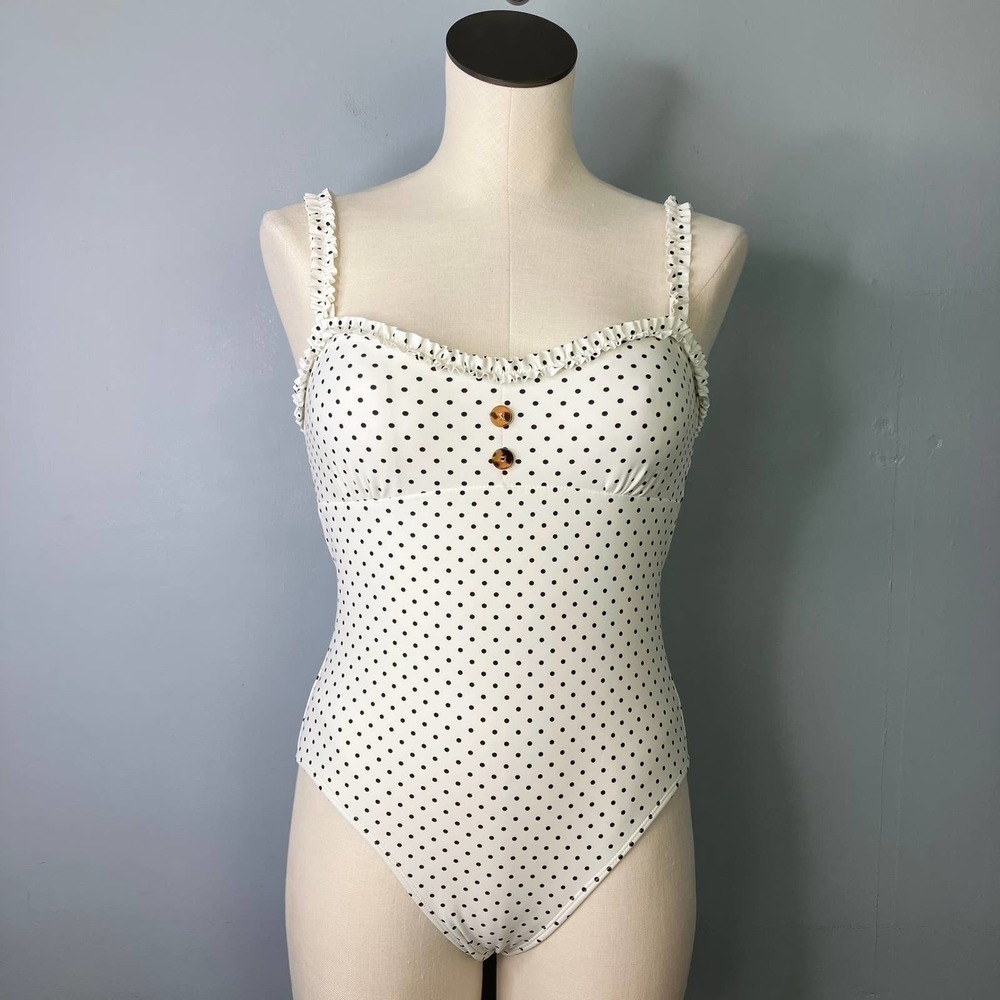 California Sunshine Ivory Pin Dot Ruffle Trim One Piece Swimsuit Junors' Size M